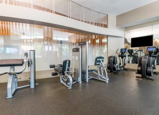 a gym with cardio equipment and weights on the floor at The Acadia at Metropolitan Park, Arlington, VA, 22202